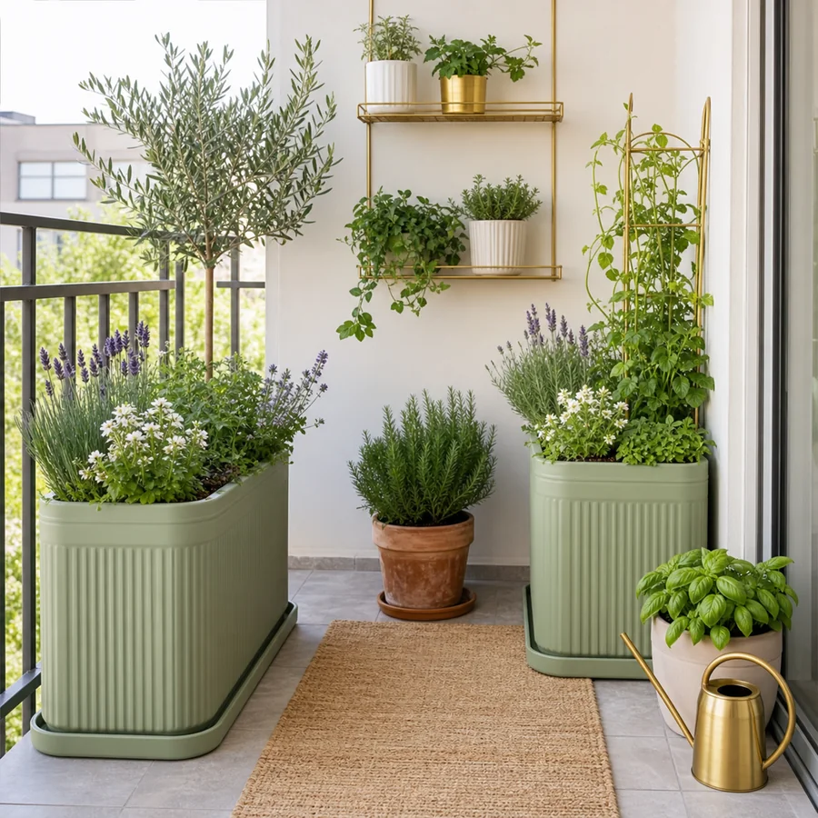 Compact balcony garden with a clear walking route