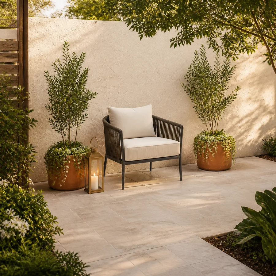 Calm garden corner with a chair and repeated planting