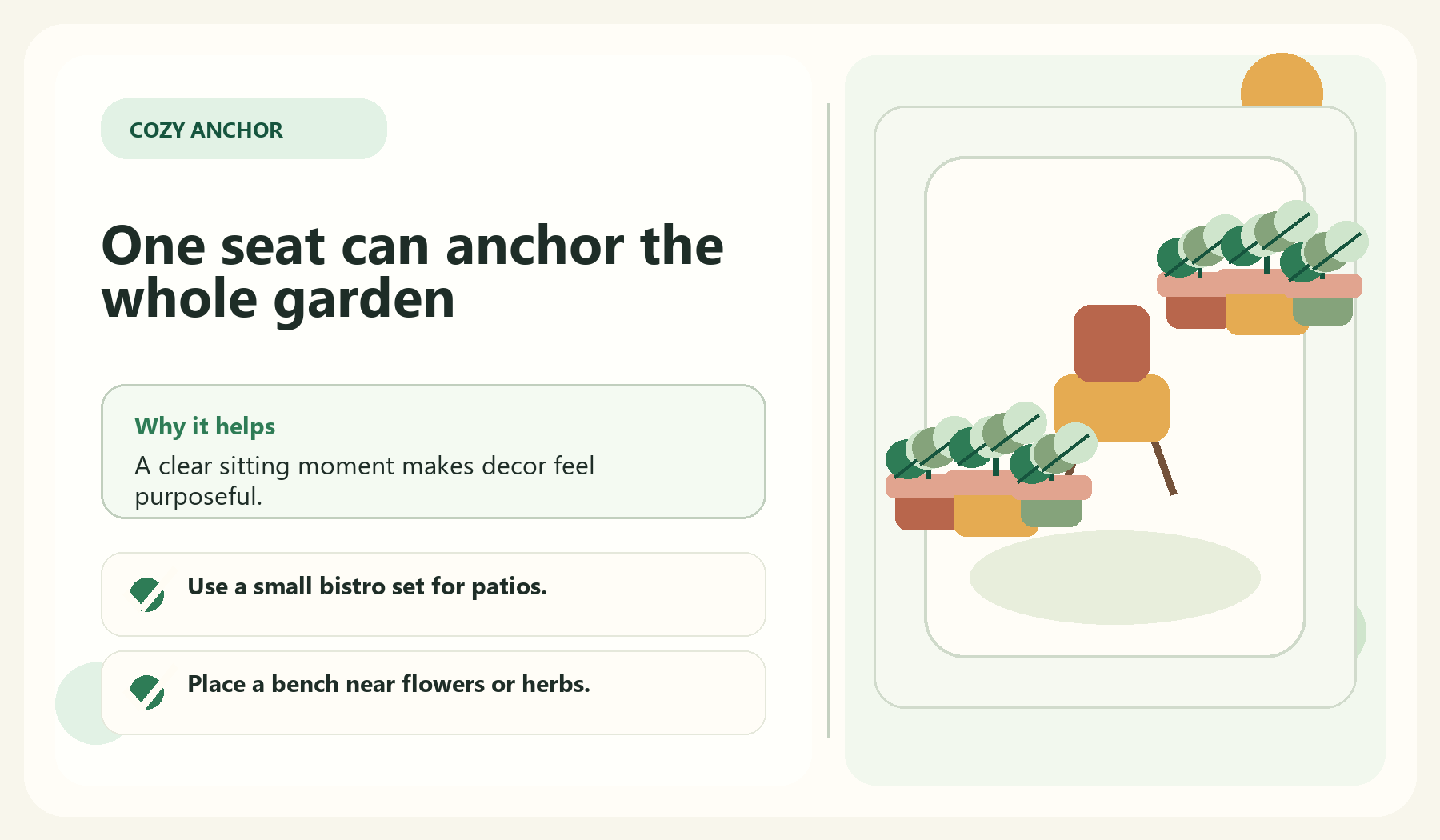One seat can anchor the whole garden visual guide for Create One Main Seating Moment