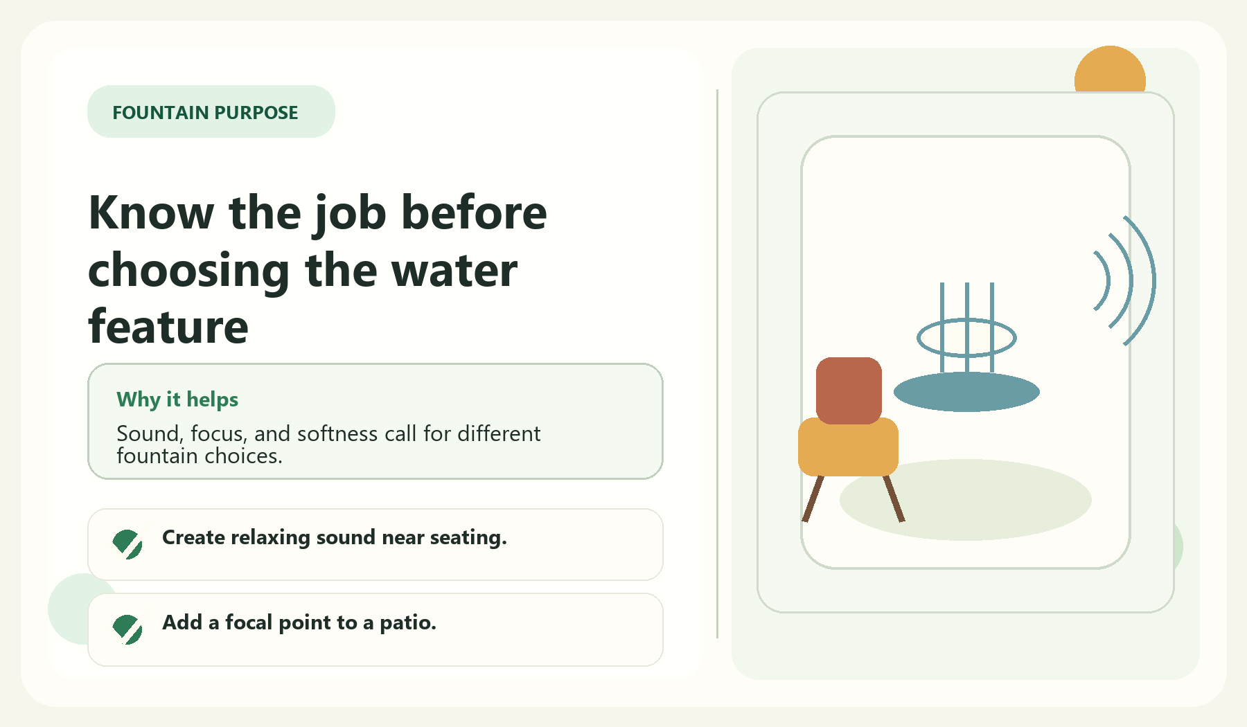 Know the job before choosing the water feature visual guide for Start With The Purpose Of The Fountain