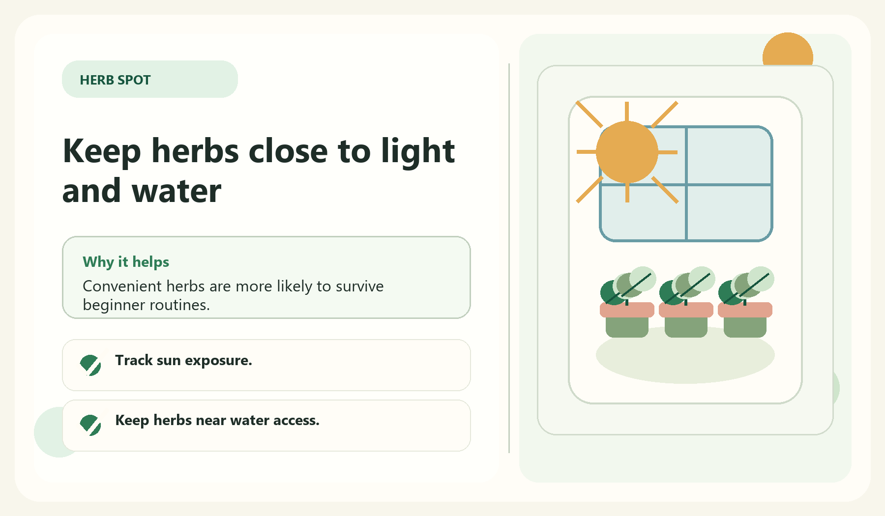 Keep herbs close to light and water visual guide for Pick The Right Location