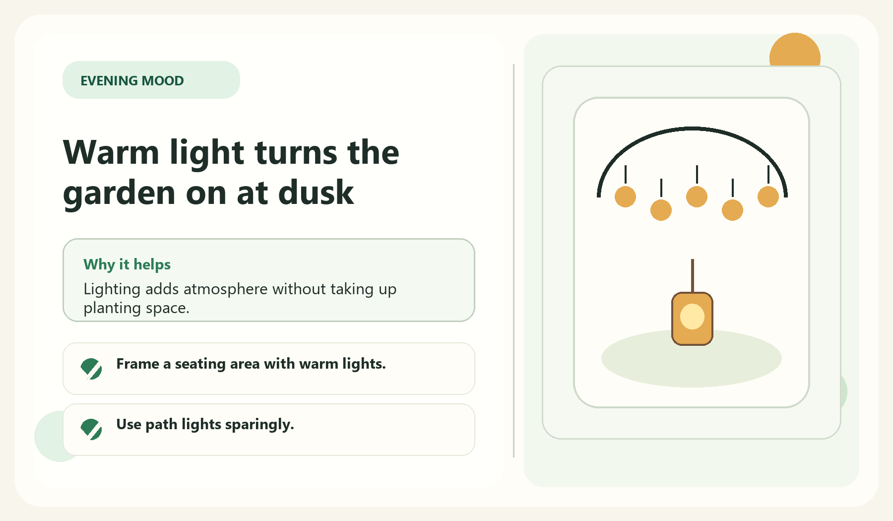 Warm light turns the garden on at dusk visual guide for Add Lighting For Evening Warmth