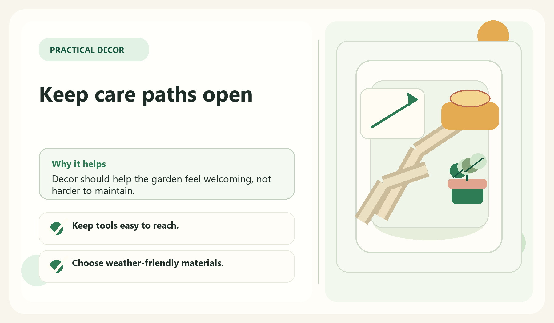 Keep care paths open visual guide for Decorate Around The Garden Routine