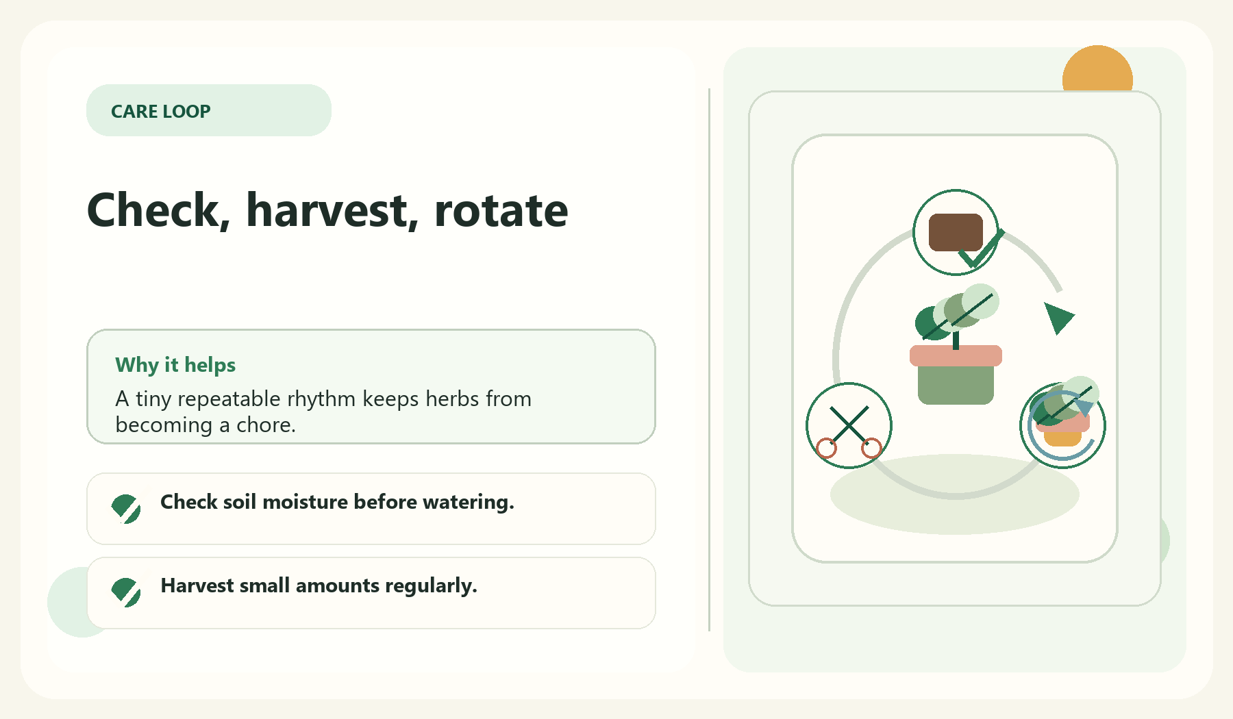 Check, harvest, rotate visual guide for Create A Simple Care Routine