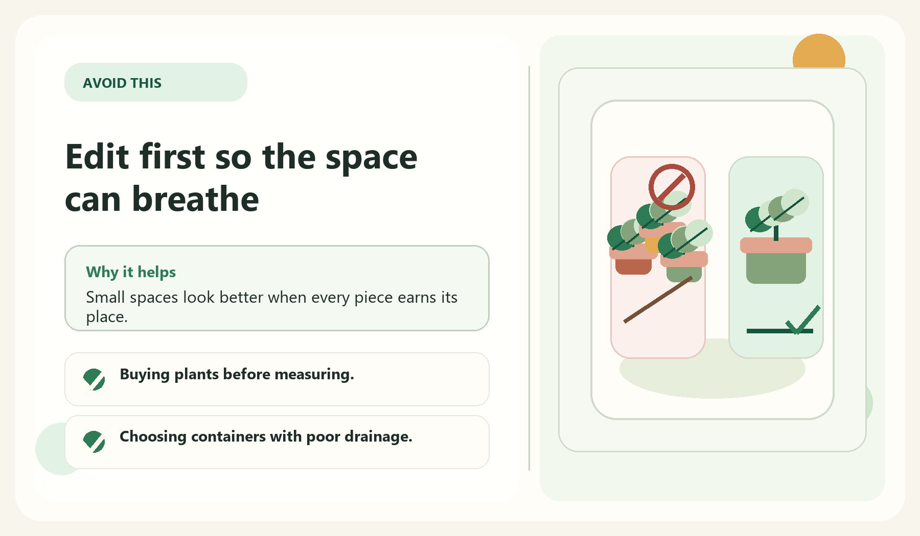Edit first so the space can breathe visual guide for Common Small Garden Mistakes