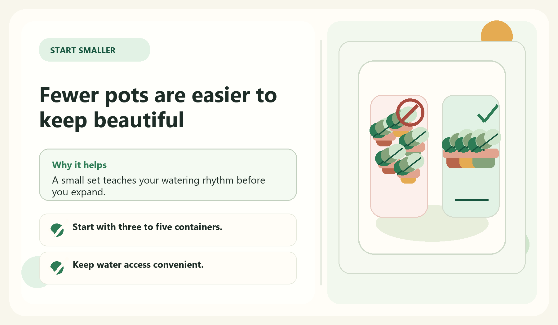 Fewer pots are easier to keep beautiful visual guide for Mistake 5: Starting With Too Many Pots