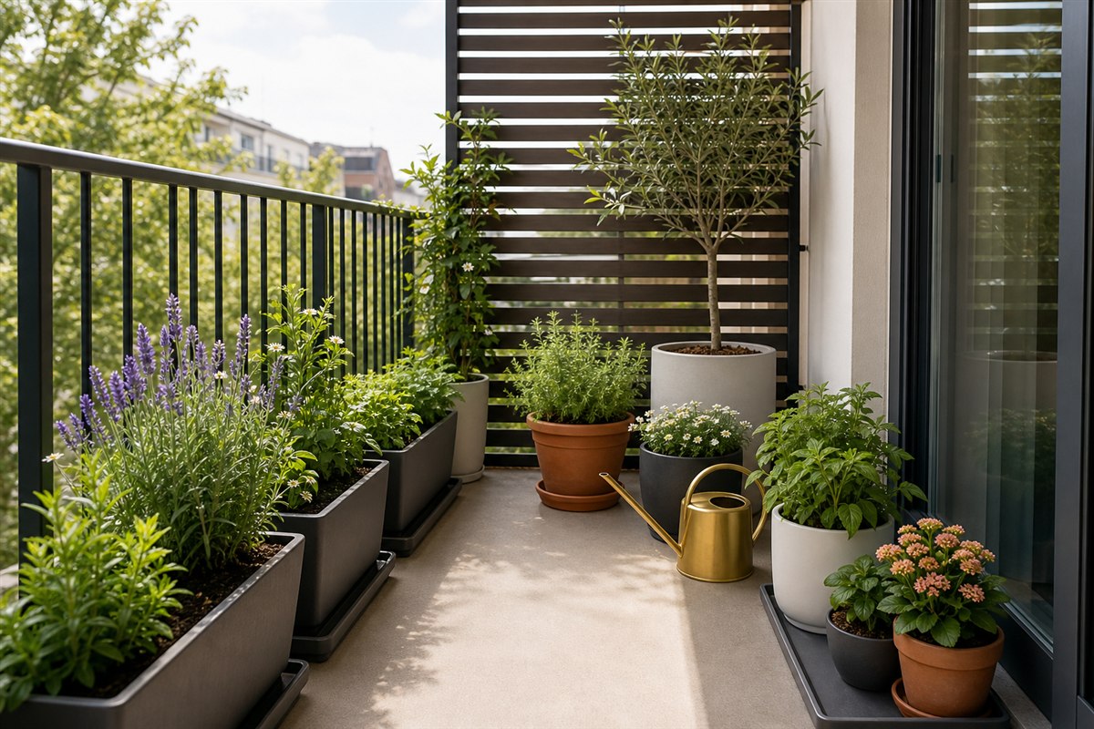 Balcony garden with planters inside the railing, a wind screen, runoff trays, and a clear walking route