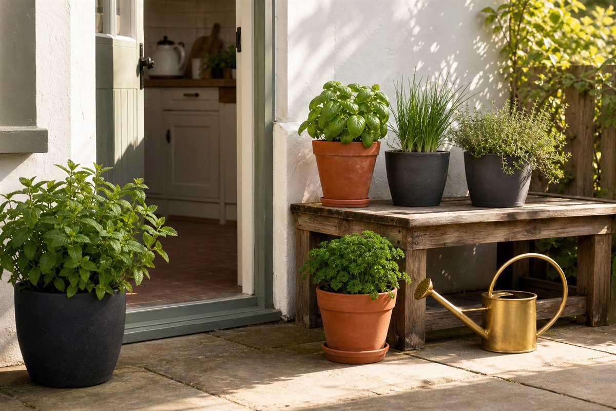 Basil, parsley, chives, thyme, and mint in separate containers beside a kitchen door