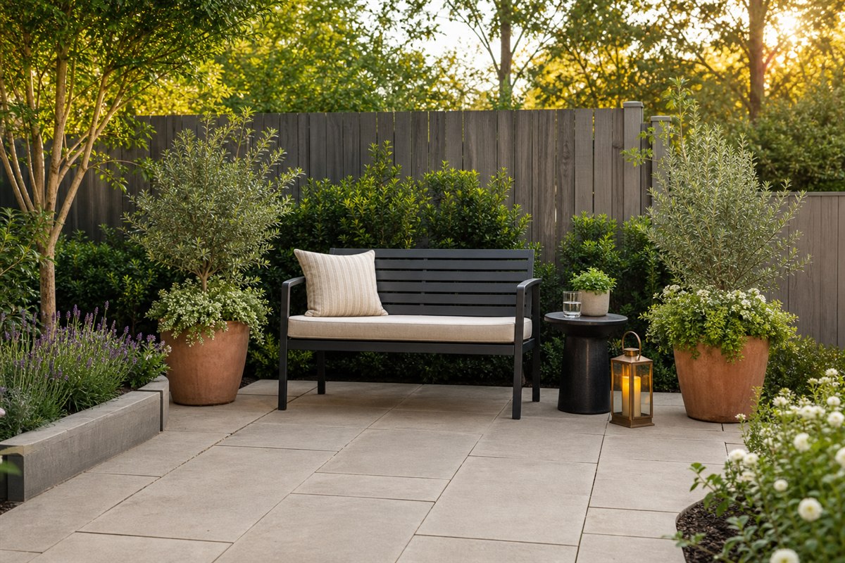 Practical patio seating area framed by coordinated planters with a side table and warm lantern