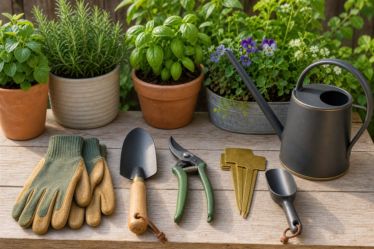 Beginner garden kit with gloves, trowel, pruning snips, watering can, plant labels, and scoop