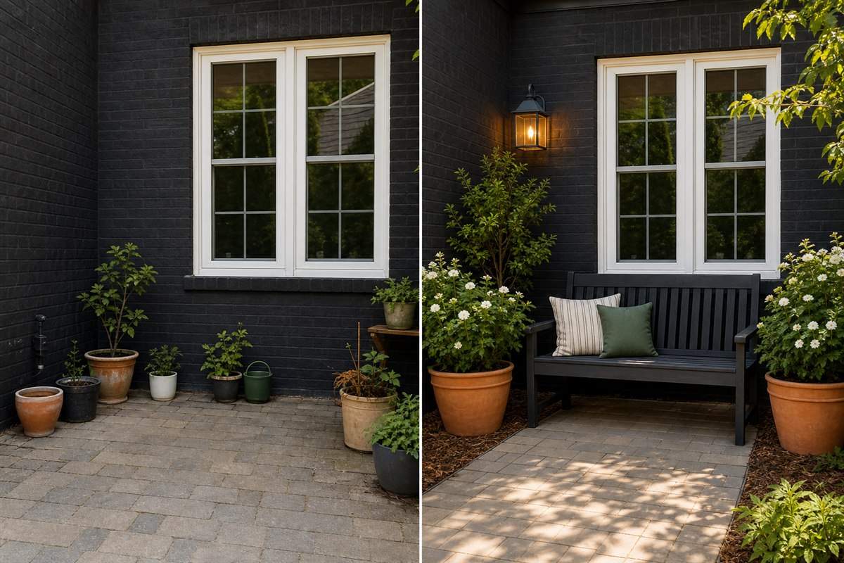 Before and after small patio showing repeated planters, a repainted bench, mulch, and simple lighting