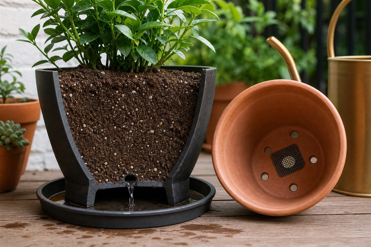Container cutaway with potting mix and drainage hole beside an empty pot showing several drainage holes