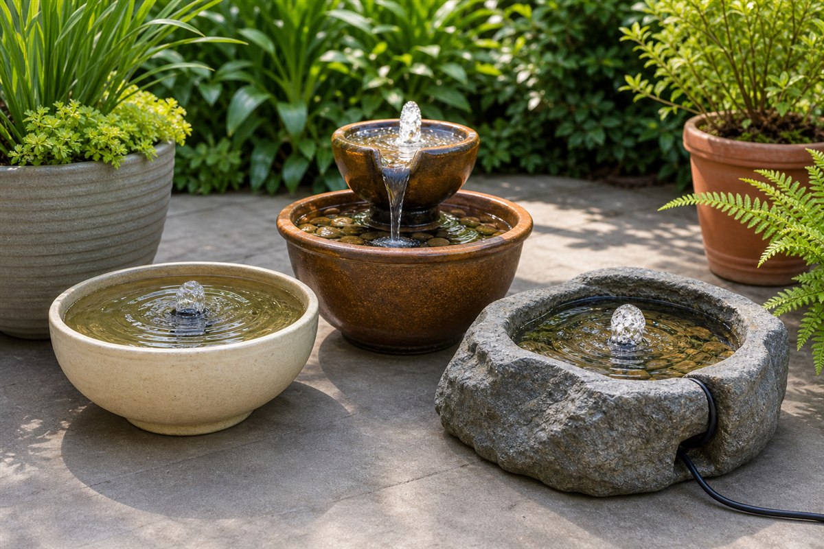 Three small recirculating fountain types on stable patio surfaces with accessible maintenance space