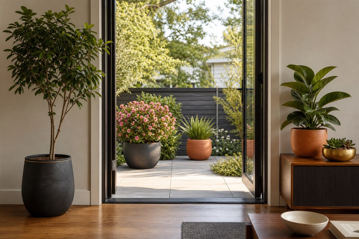 Indoor and patio plants arranged in tall, medium, and low layers around an open doorway