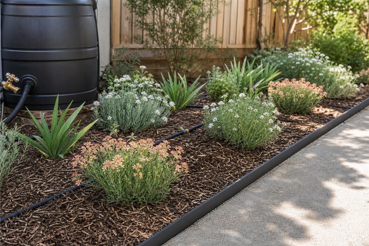 Mulched garden bed with visible drip line, repeated drought-tolerant plants, water connection, and open path