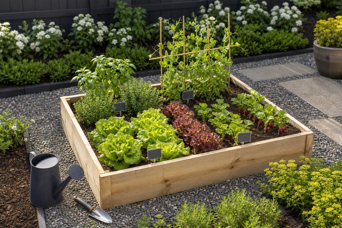 Reachable raised bed with clear paths, spaced vegetables, herbs, peas, and basic hand tools