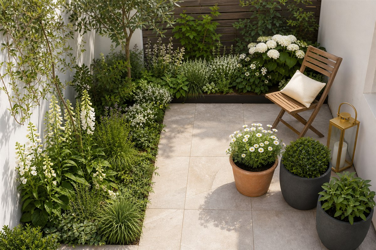 Compact patio arranged with an L-shaped planting area, clear path, chair, and coordinated containers
