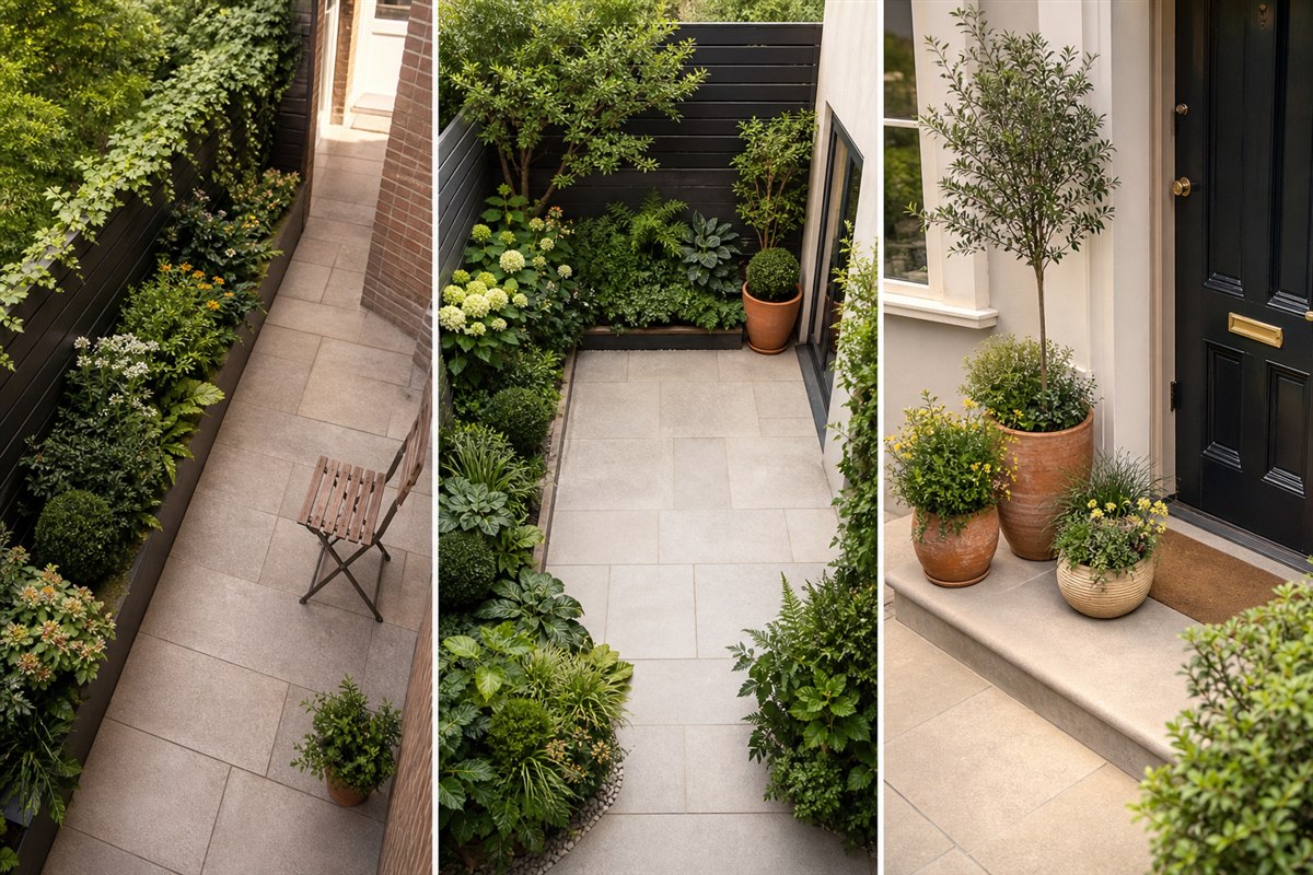 Three small-garden layouts showing a narrow edge garden, an L-shaped square yard, and clear doorstep containers