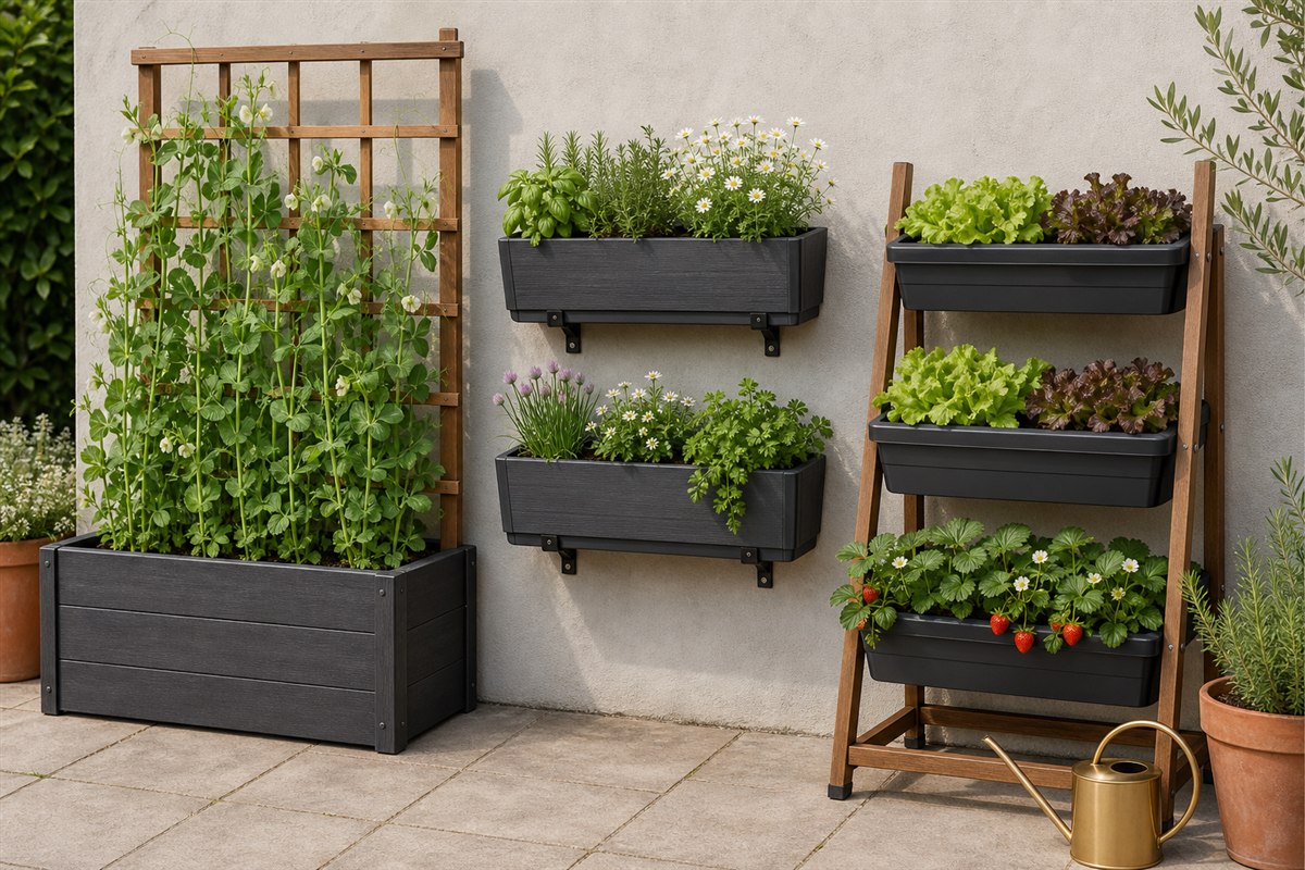 Trellis planter, wall herb troughs, and freestanding tiered salad planter shown side by side