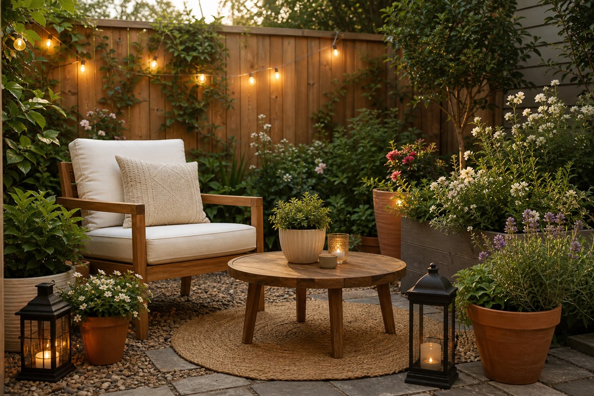 Cozy backyard garden decor with simple lighting, planters, and practical seating