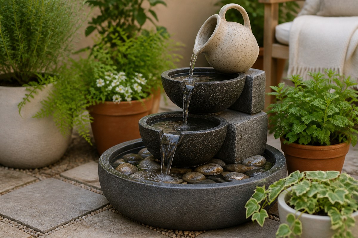 Small patio garden fountain with natural stone, planters, and tidy greenery