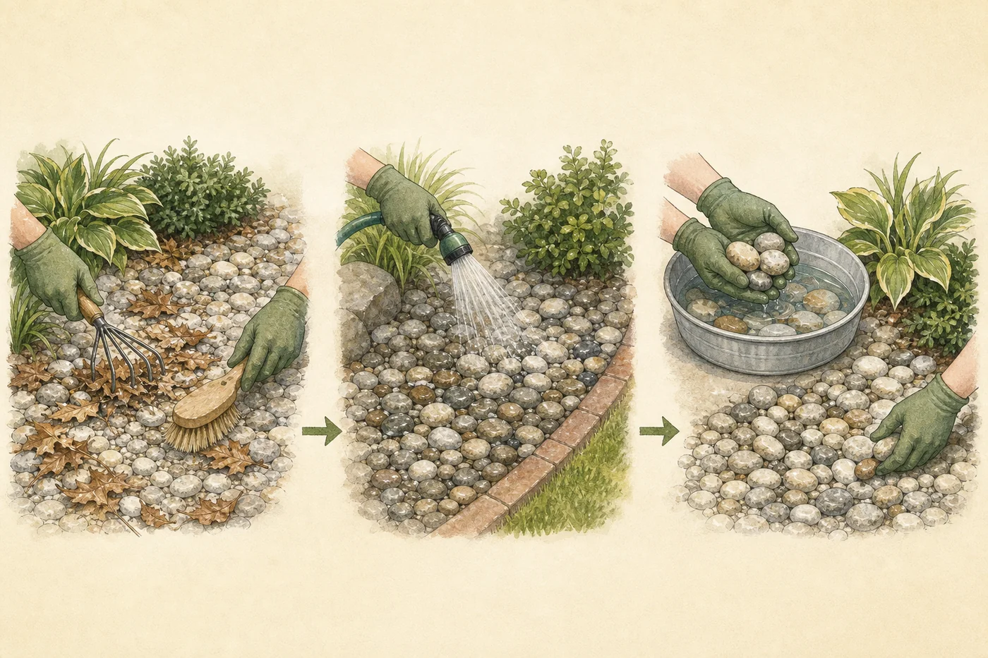 Three-stage garden-rock cleaning workflow: dry debris removal, controlled plain-water rinse, and contained batch cleaning