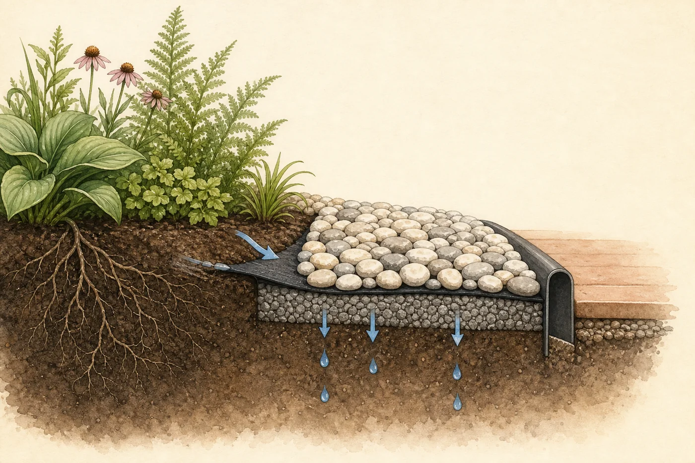 Cross-section of a drained decorative-rock bed with a stable edge, compacted base, and protected plant roots