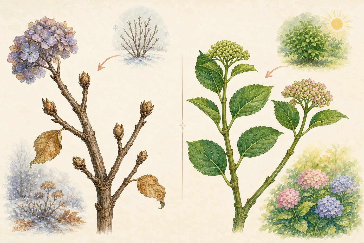 Old-wood hydrangea stems carry buds from the previous season, while new-wood types form flowering growth in the current season
