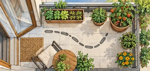 Top-down balcony plan with an open doorway, clear walking route, and reachable pots