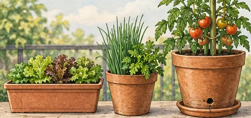 Window box for greens, medium herb pot, and deep supported tomato container