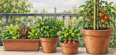Four-container vegetable arrangement separating tomatoes, greens, herbs, and radishes
