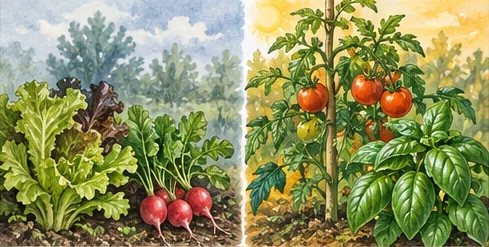 Cool-season vegetables contrasted with warm-season tomato and basil
