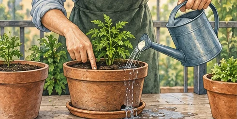 Gardener checking potting mix by hand and watering one dry container