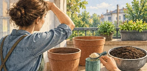 Gardener checking light and potting mix before measuring a small fertilizer dose