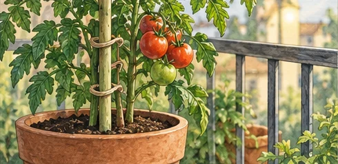 Tomato support anchored in a large pot with the vine tied loosely