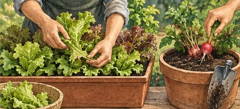 Lettuce being harvested while a finished radish pot is prepared for another crop