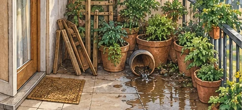 Crowded balcony pots blocking a doorway with visible spilled runoff
