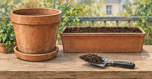 One large pot and one window box prepared for a simple first vegetable garden