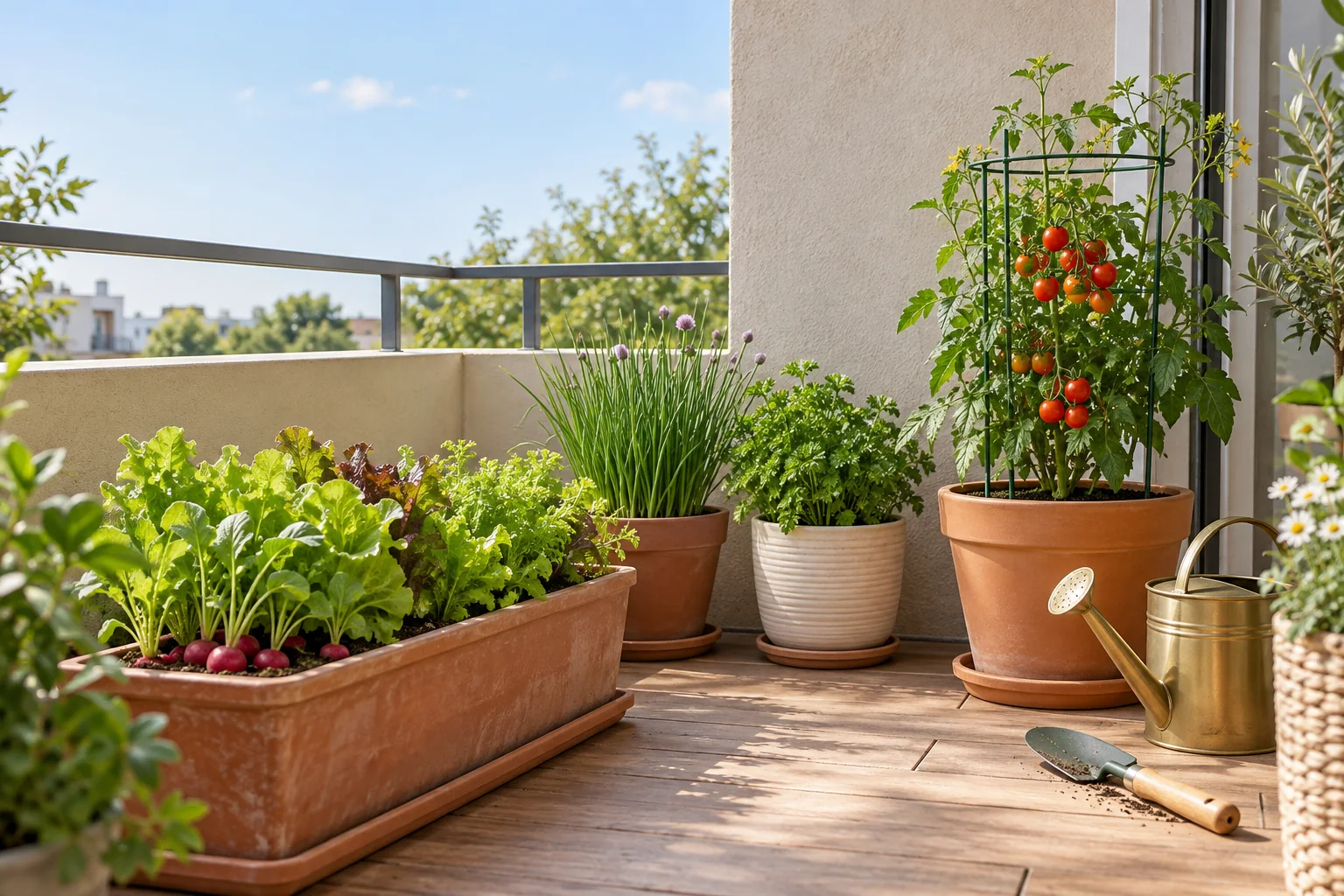 A compact balcony vegetable garden with lettuce, herbs, radishes, and a supported cherry tomato