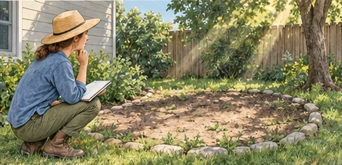 Gardener observing the light and soil in one small existing yard patch