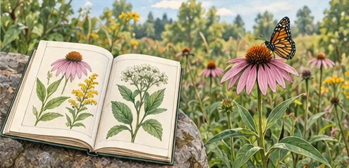 Regional plant field guide beside a locally occurring flowering plant and butterfly