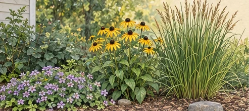 Low groundcover, flowering perennials, and tall structural grass arranged by purpose