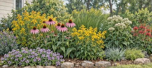 Layered native garden with a low edge, repeated flowers, and taller plants behind