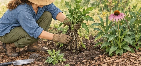 Gardener removing an unwanted plant with its roots while protecting nearby flowers