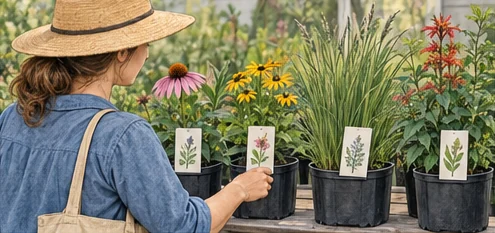 Gardener comparing native nursery plants and their picture labels