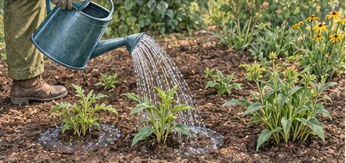 Young native plants receiving a slow soak directly over their root zones