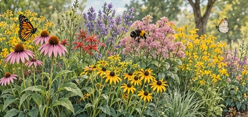 Tidy native flower bed with overlapping bloom forms, butterflies, and bees