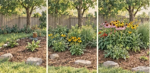 The same small native bed shown at early, middle, and fuller establishment stages