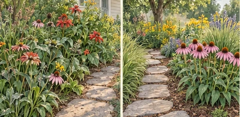 Native flower garden arranged clearly beside an open stepping-stone path