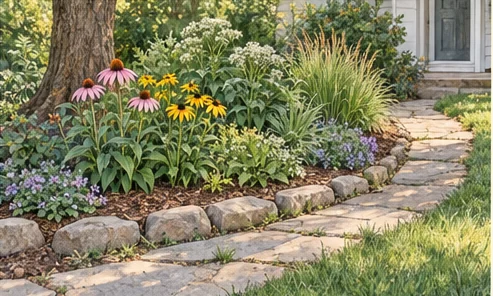 Finished small native starter bed beside a frequently used garden path